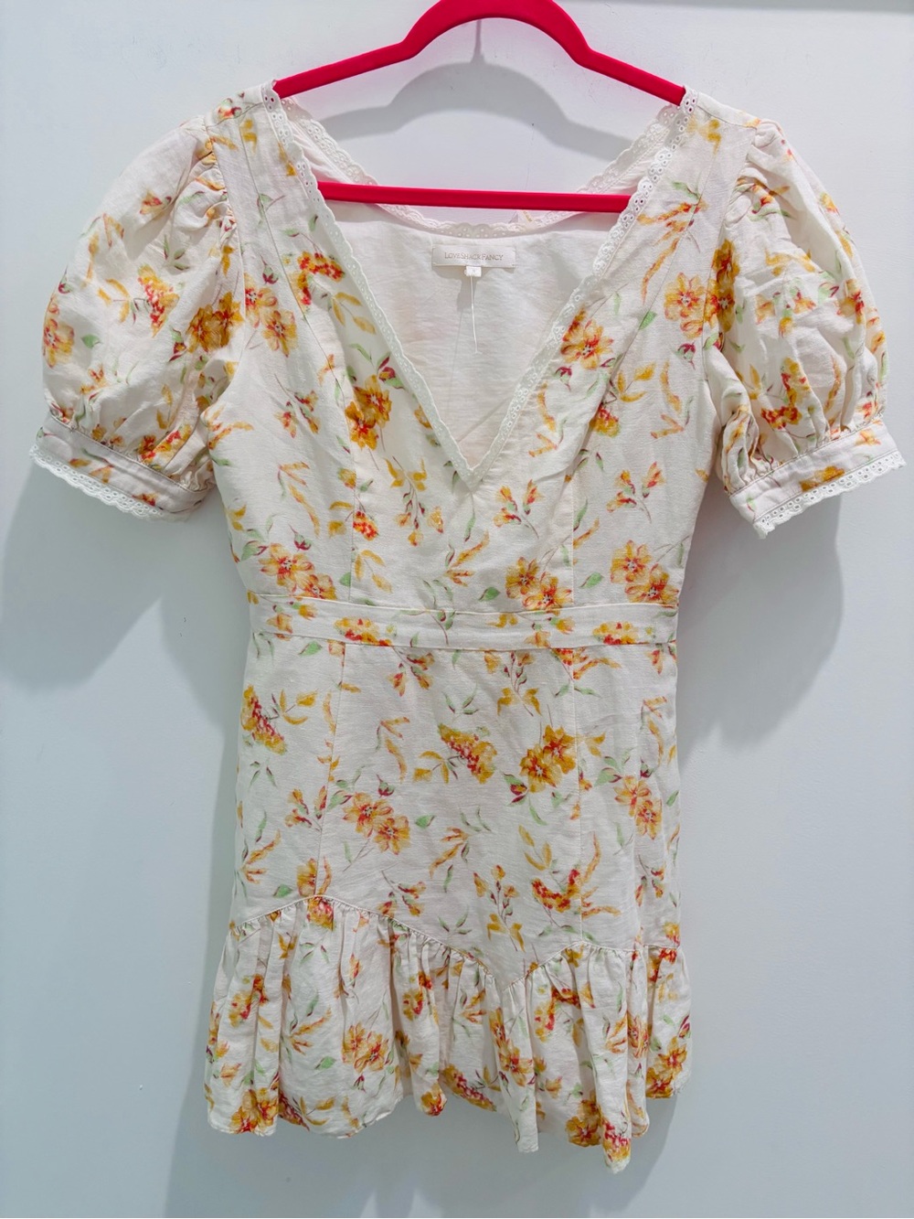 LoveShackFancy Cream Floral V-Neck Puff Sleeve Mini Dress